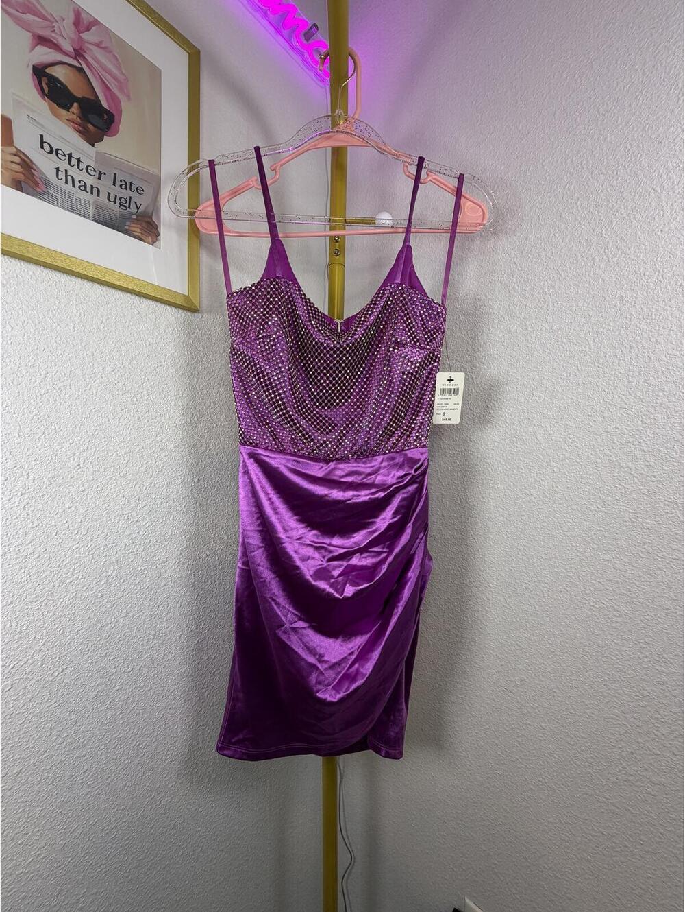 Windsor Purple Satin and Rhinestone Bodycon Mini Dress - Size Small - NWT